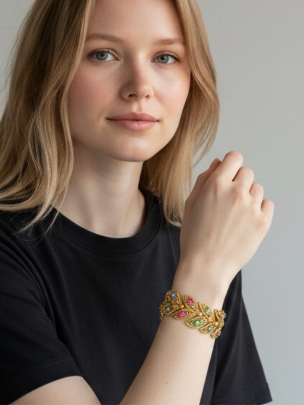 Vintage Golden Leaf Bracelet with Colorful Gemstones